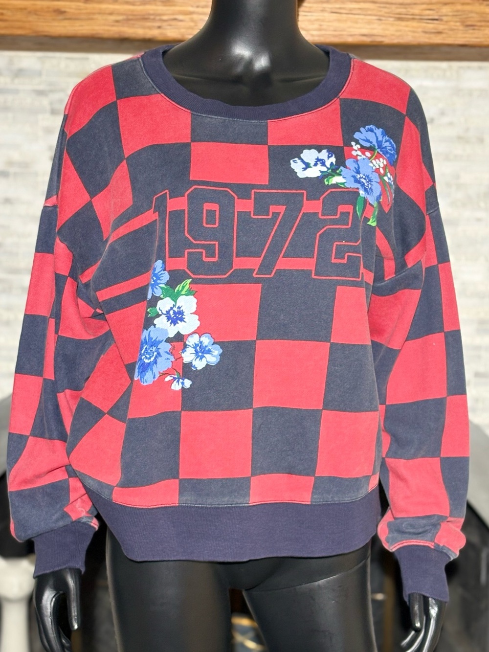 Maeve by Anthropologie 1972 Checked Floral Pullover Crewneck Sweatshirt
